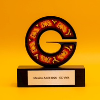Acrylic logo on a wooden base.