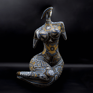 Aphrodite body sculpture covered with black and gold beads