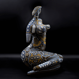 Aphrodite body sculpture covered with black and gold beads