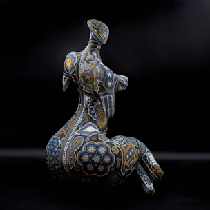 Aphrodite body sculpture covered with black and gold beads