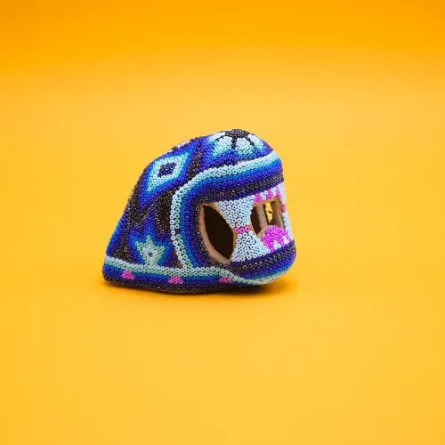 Escultura de Cabeza de jaguar arte huichol azul 635