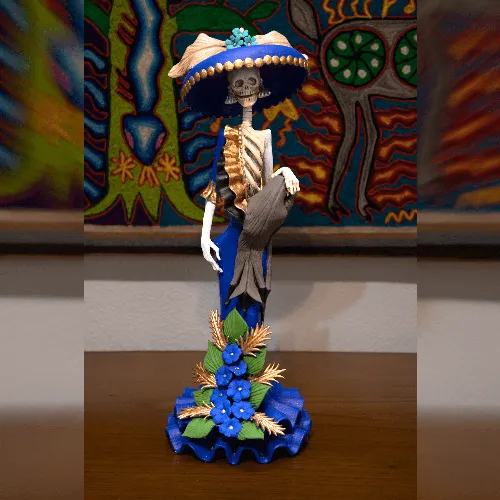 Figura de catrina arte mexicano clasica 33 cm azul