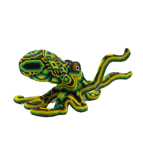 Figura de pulpo obra de arte huichol verde y amarillo