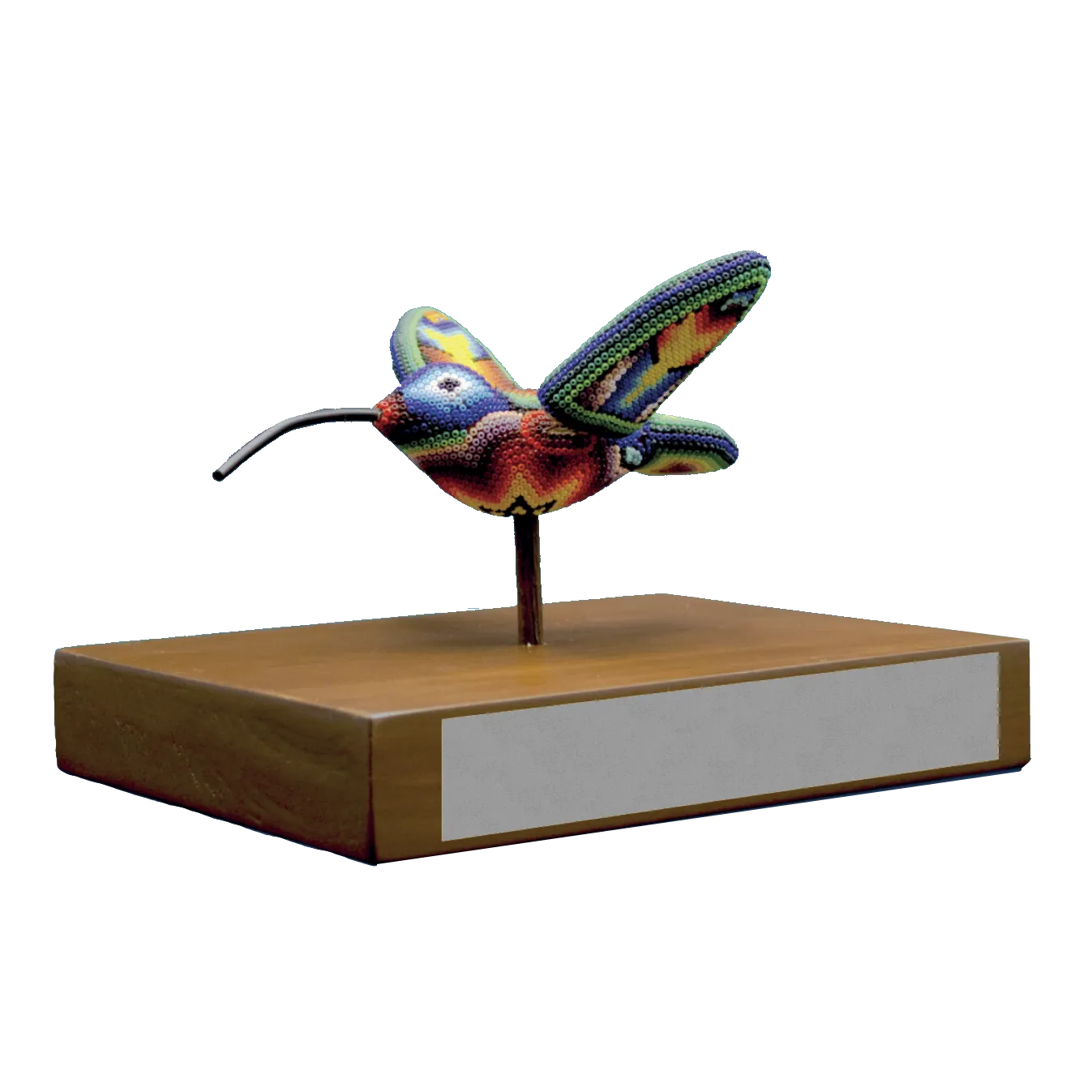Figura de reconocimiento de arte huichol colibri sobre base de madera placa