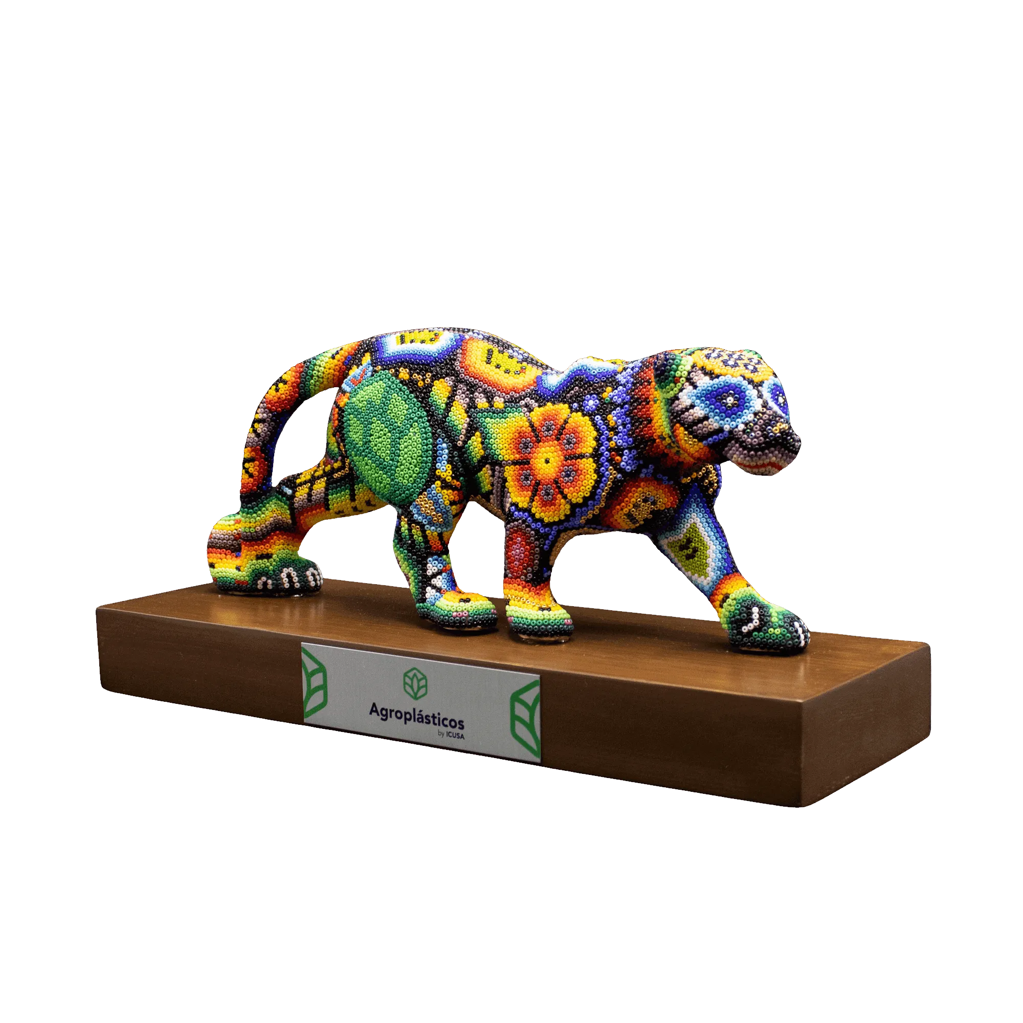 Figura de reconocimiento de arte huichol chita con logo base