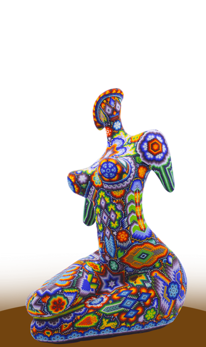 Sculpture of Aphrodite's torso, with beads in traditional colors