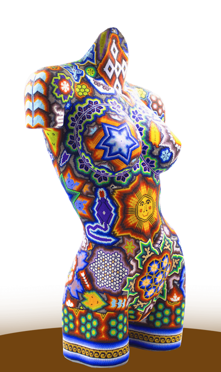 Sculpture of a woman's torso, with beads in traditional colors