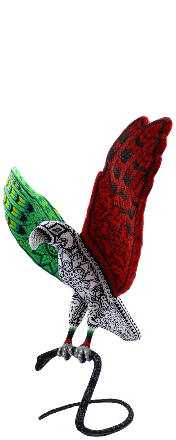 Sculpture of an eagle on a snake with tricolor green, white and red beads