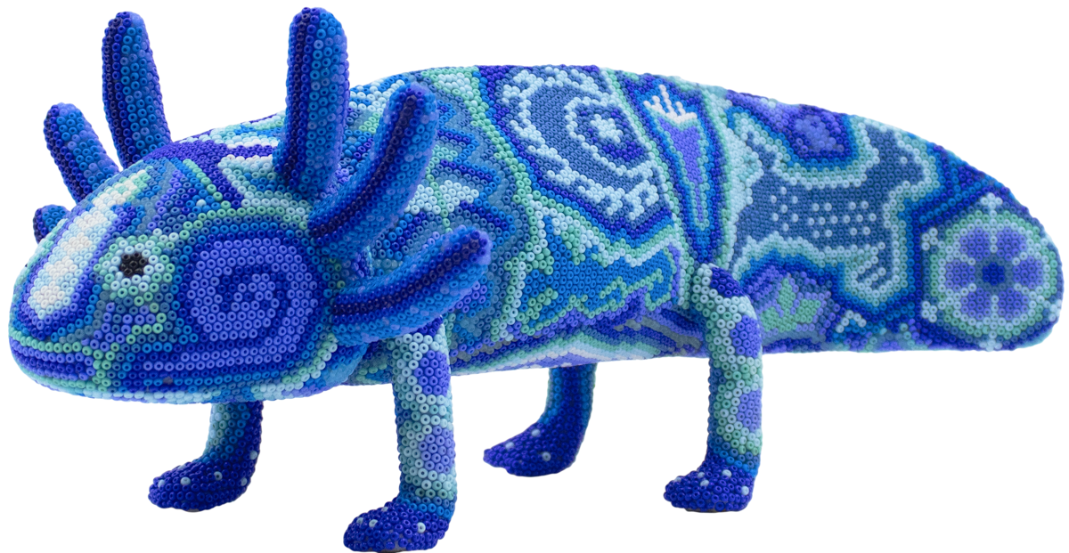 Ajolote sculpture covered with blue beads