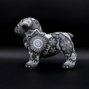 Dog sculpture covered with black and white beads