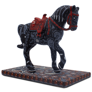 Sculpture of a horse covered with black and red beads