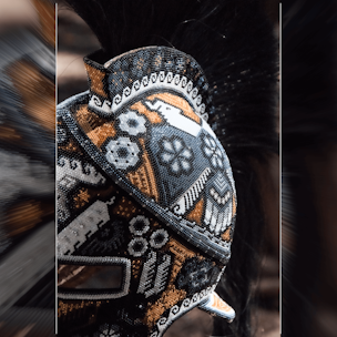 Spartan warrior helmet covered with white and brown beads