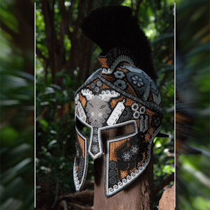 Spartan warrior helmet covered with white and brown beads