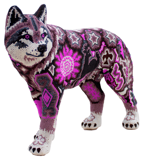 Sculpture of a wolf covered with beads