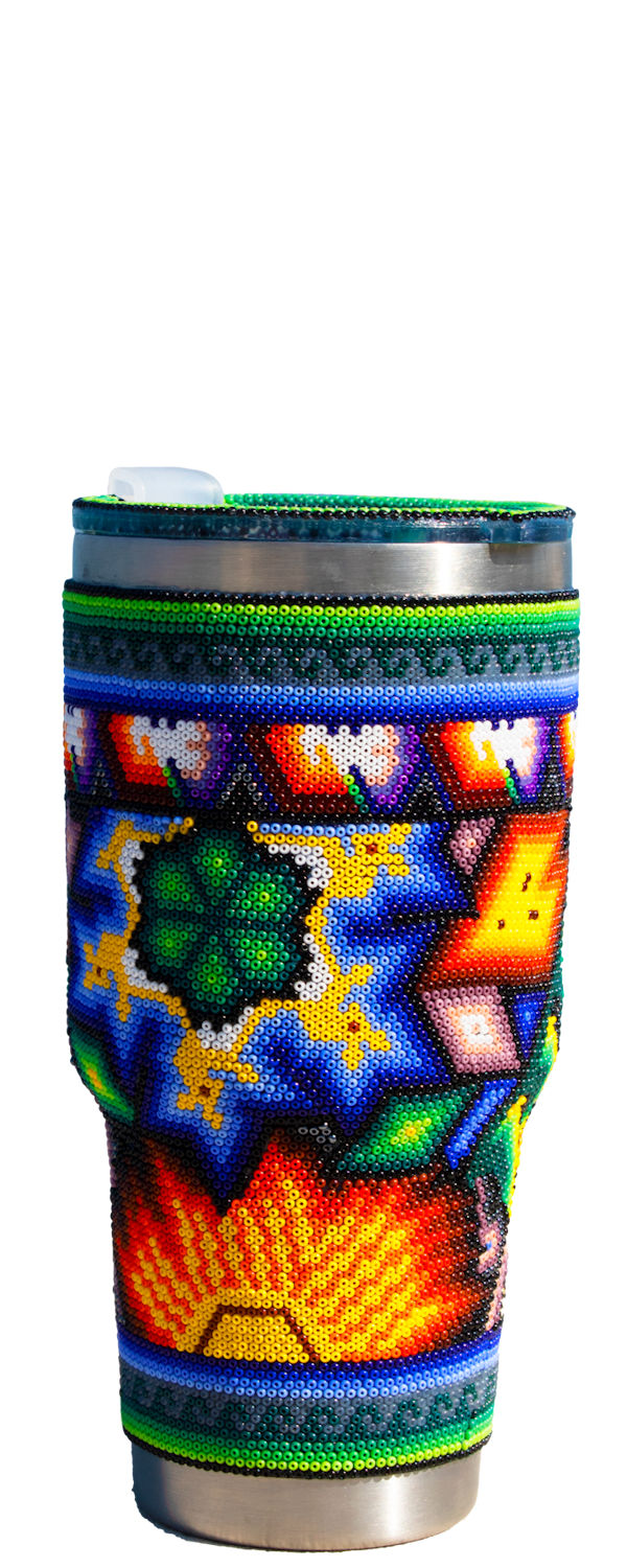 Metal thermos covered with colored beads