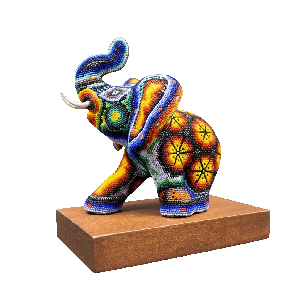 Figura de reconocimiento con arte huichol elefante mediano azul base